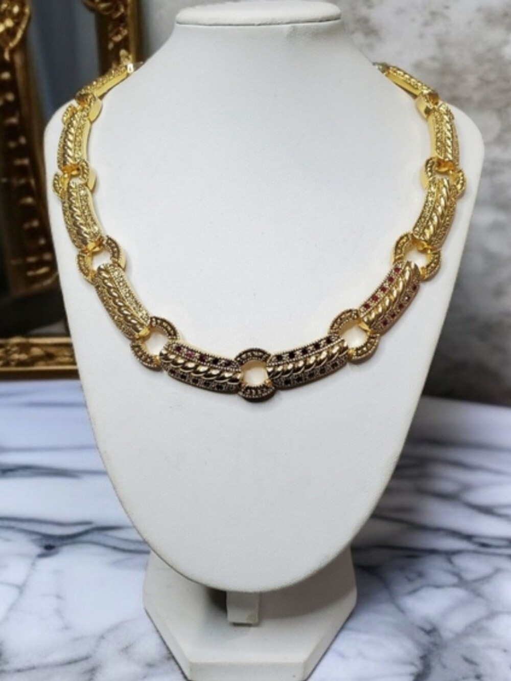 Vintage 1980's Chunky Gold Tone Ruby Crystal Statement Necklace